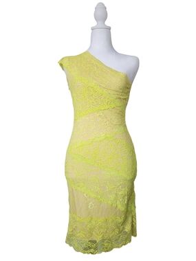 Y2K bebe lace Overlay One Shoulder Bodycon dress Green Beige Club Tropicana